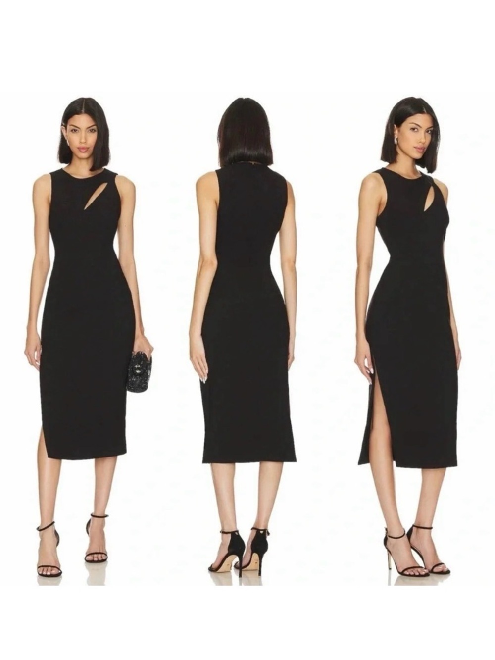 LIKELY Liza Black Cutout Midi Dress Side Slit Cocktail Size 6